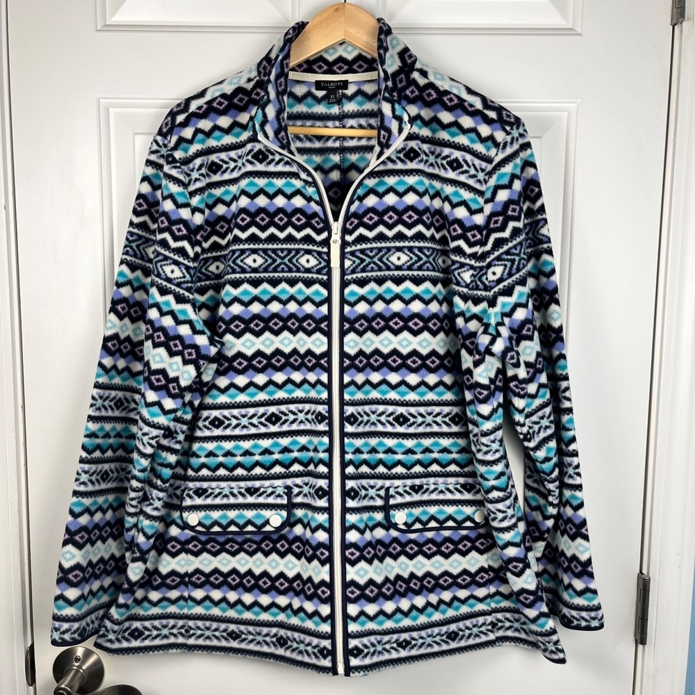 TALBOTS Fleece Full Zip Jacket Womens Plus 2X Fair Isle Pockets Comfy Cozy